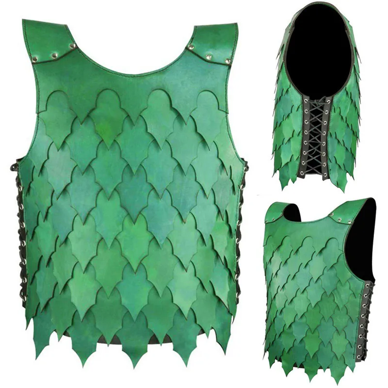 

PU Leather Medieval Fantasy Scale Vest Armor Knight Warrior Cosplay Costumes Green Jerkin Cuirass Outfit Doublet Tabard