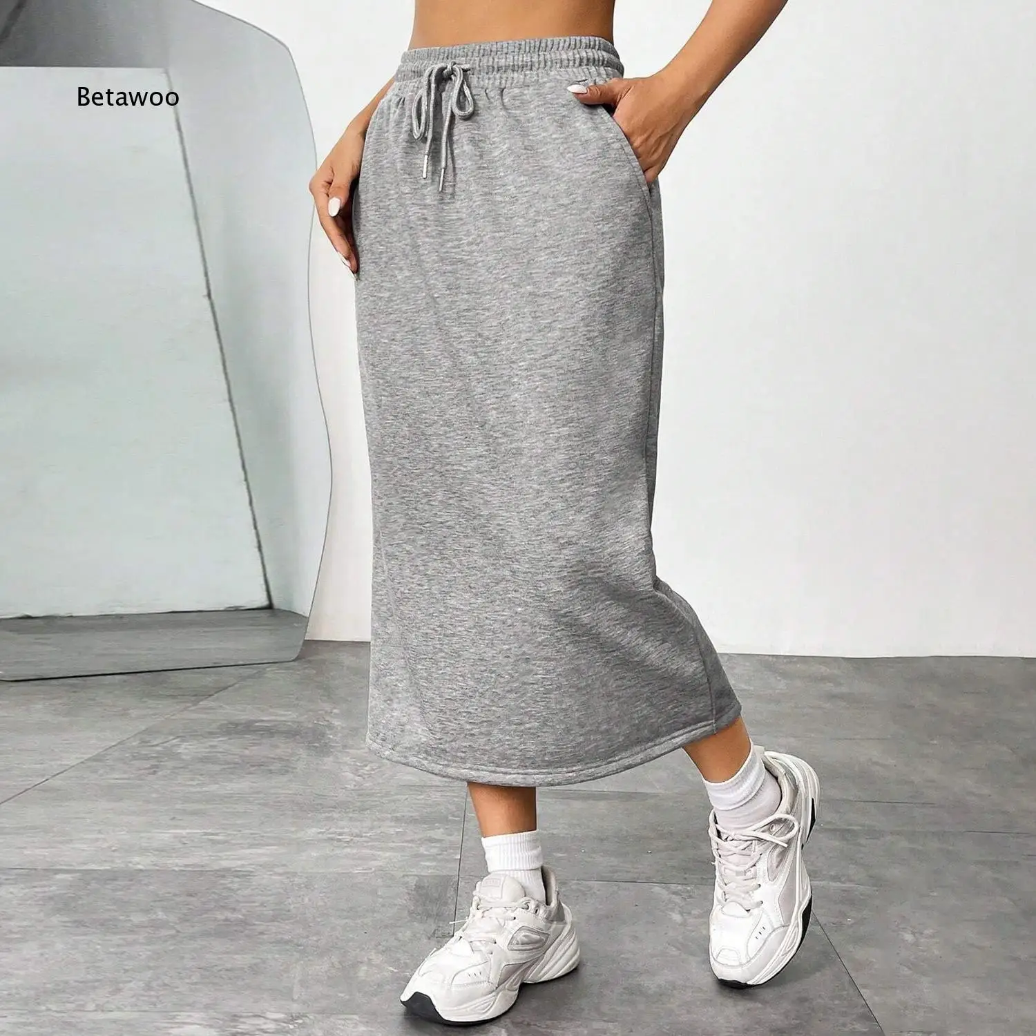 Women Elastic Waist Solid Color Side Slit Midi Skirt Loose Fit Casual Skirt For Commuting Travel Sports Shopping Dating And Dai