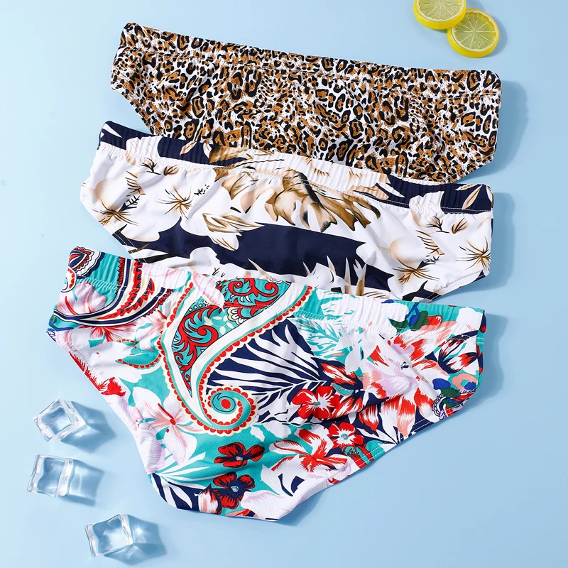 Men's Ice Silk Quick Dry Swim Trunks with Drawstring Low Waist Leopard Print Beach Swimming Shorts