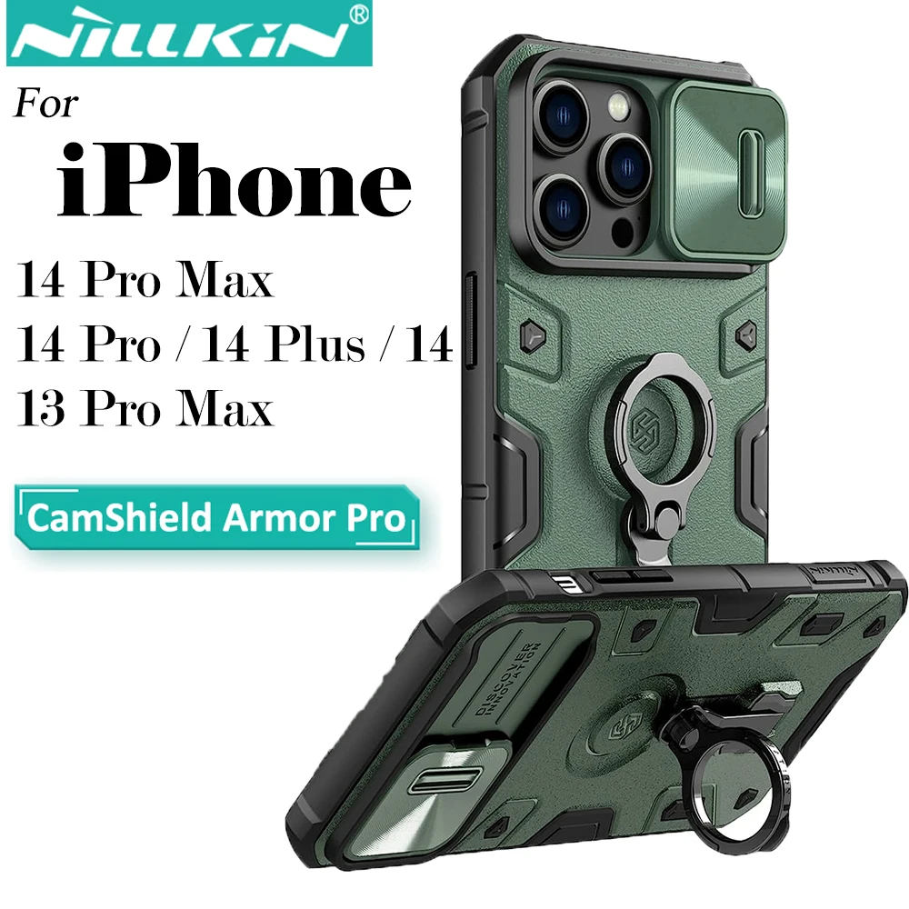 Nillkin-CamShield Armor Pro Case para iPhone, Suporte de Anel, Proteção Pesada, Capa Contra Choque, Câmera Slider, iPhone 14 Plus, 13 Pro Max