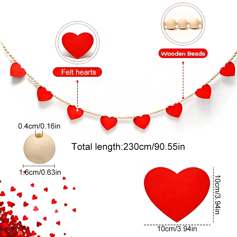 1PC Valentine's Day Hanging Banner Romantic Red Love Heart Banner Garland With Wood Bead Valentine Wedding Birthday Party Decor