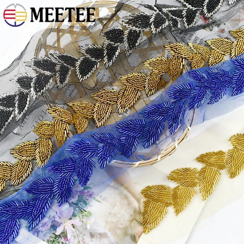 Meetee 6cm Pearl Beaded Lace Trims Leaf Mesh Fabric Ribbon Tape Band Weding Dress Collar Headdress Applique DIY Crafts