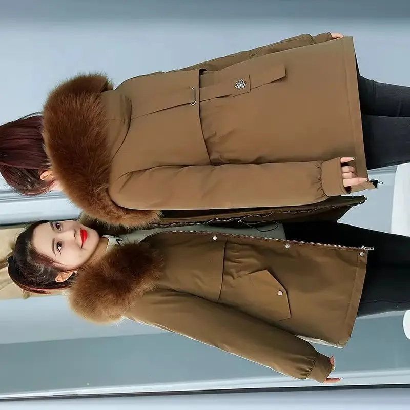 

Short Hooded Thicken Windbreaker Women 2025 New Winter Outcoat Large Fur Collar Parka Cotton Coat Velvet Coat Women's Warm Jacke
