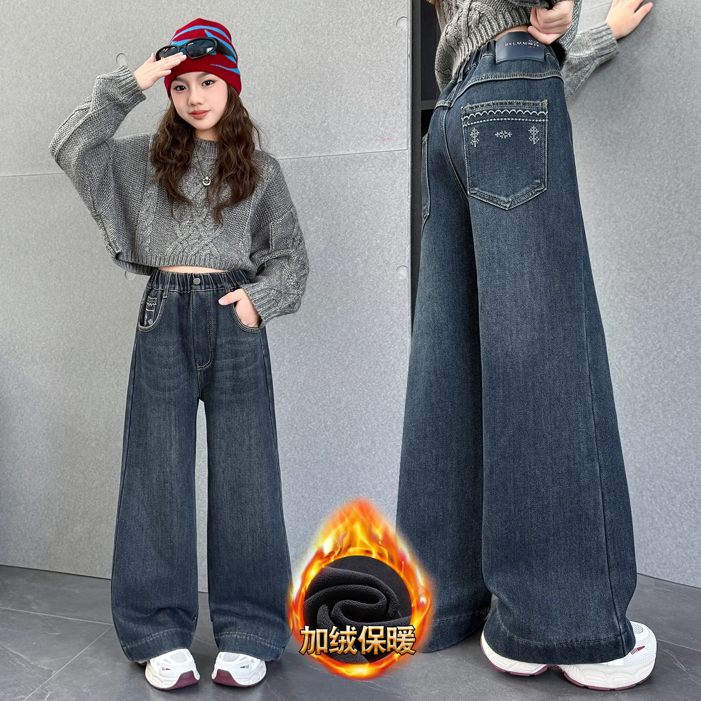 

2025 New Winter Girl's Warm Insulate Jeans For Teenage Kids Vintage Blue Corduroy Fleece Denim Pants Children Thermal Trousers