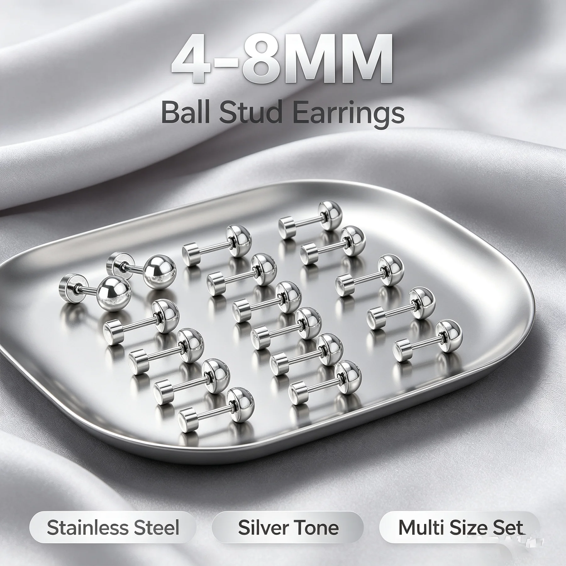 Multi Size 4-8MM Polished Ball Screw Stud Earrings, Anti-allergy Stainless Steel Ear Piercing Jewelry for Daily Wear