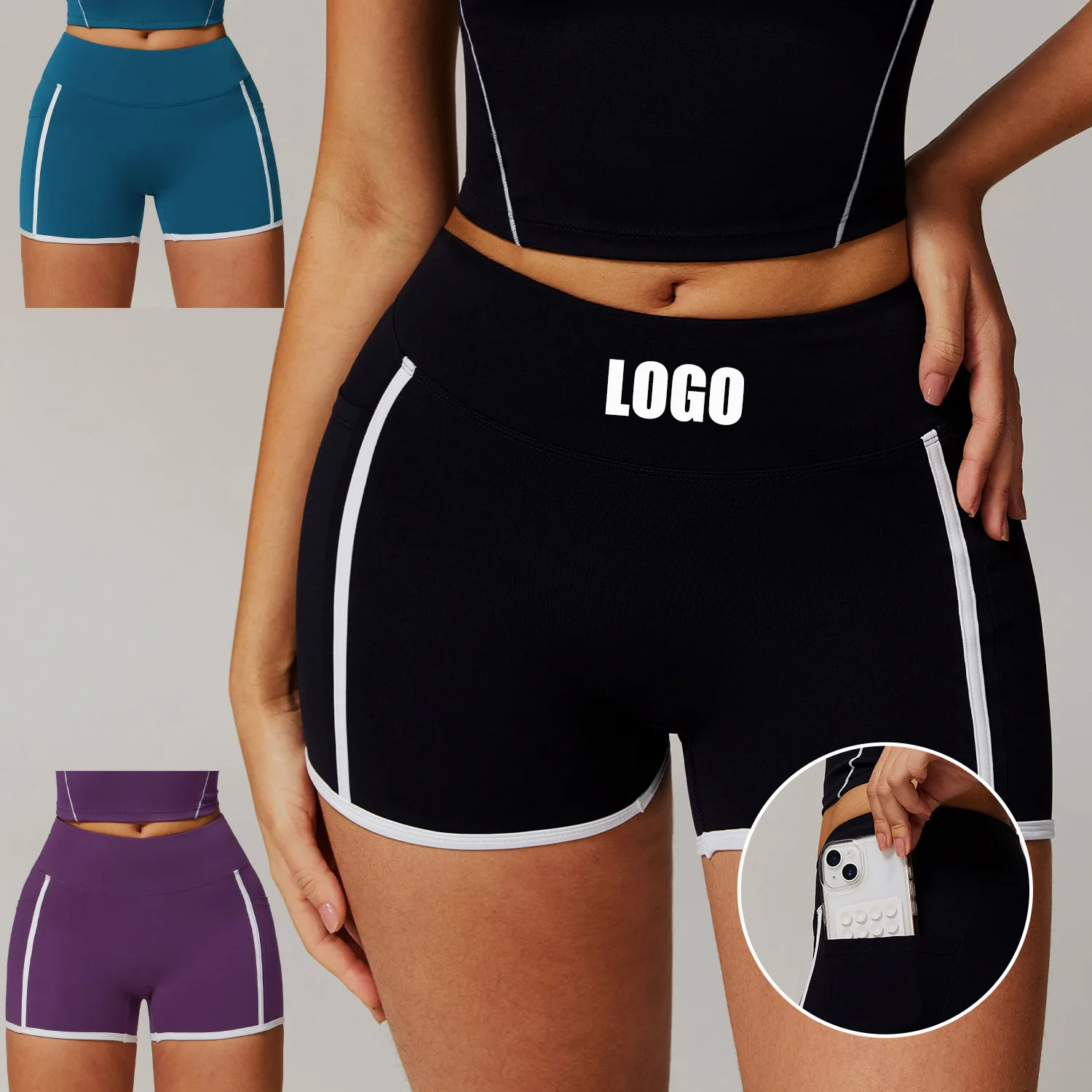 Customized LOGO women's pocket nude yoga shorts high waist belly plastic waist sports fitness shorts