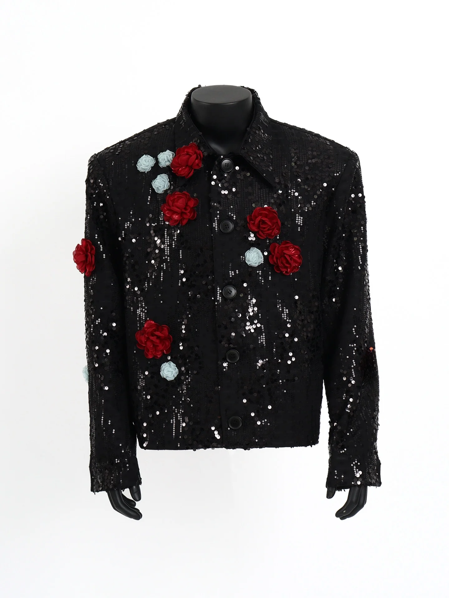 

Starlit Luxury Men's Short Jacket Quilted Shoulder Pads 3D Flower Embellishment Shiny Sequins Fashionable Casual Coat