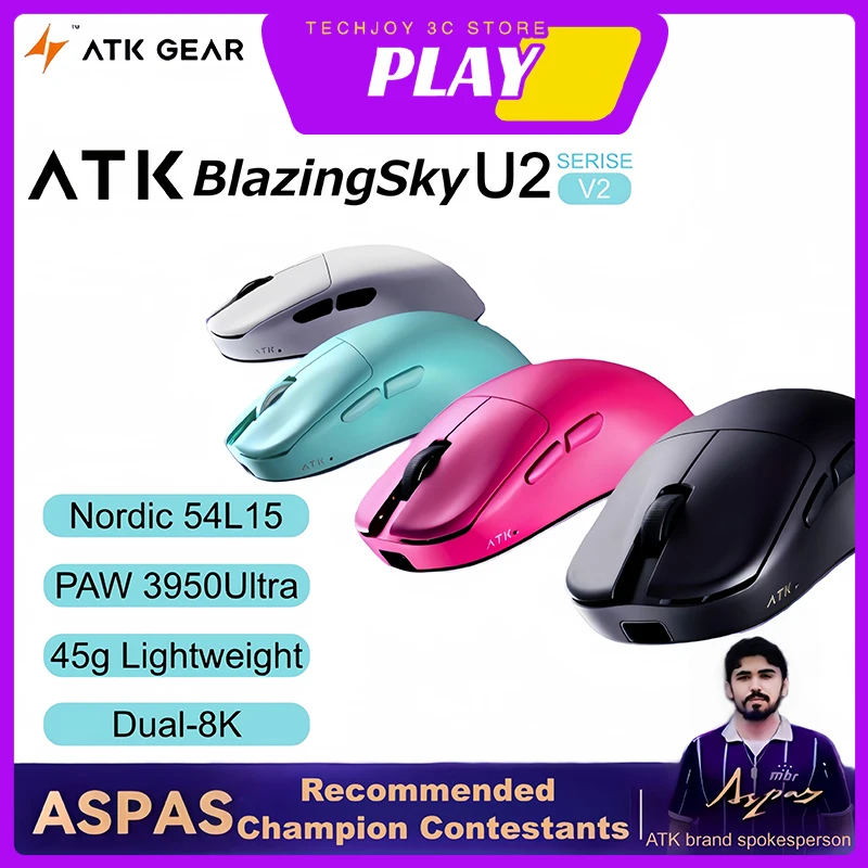 

ATK U2V2 Ultimate Wireless Mouse 3-Mode Paw3950ultra Nordic54L15 45g Lightweight 0.263ms Low Latency 600mah Gamer Accessory Gift