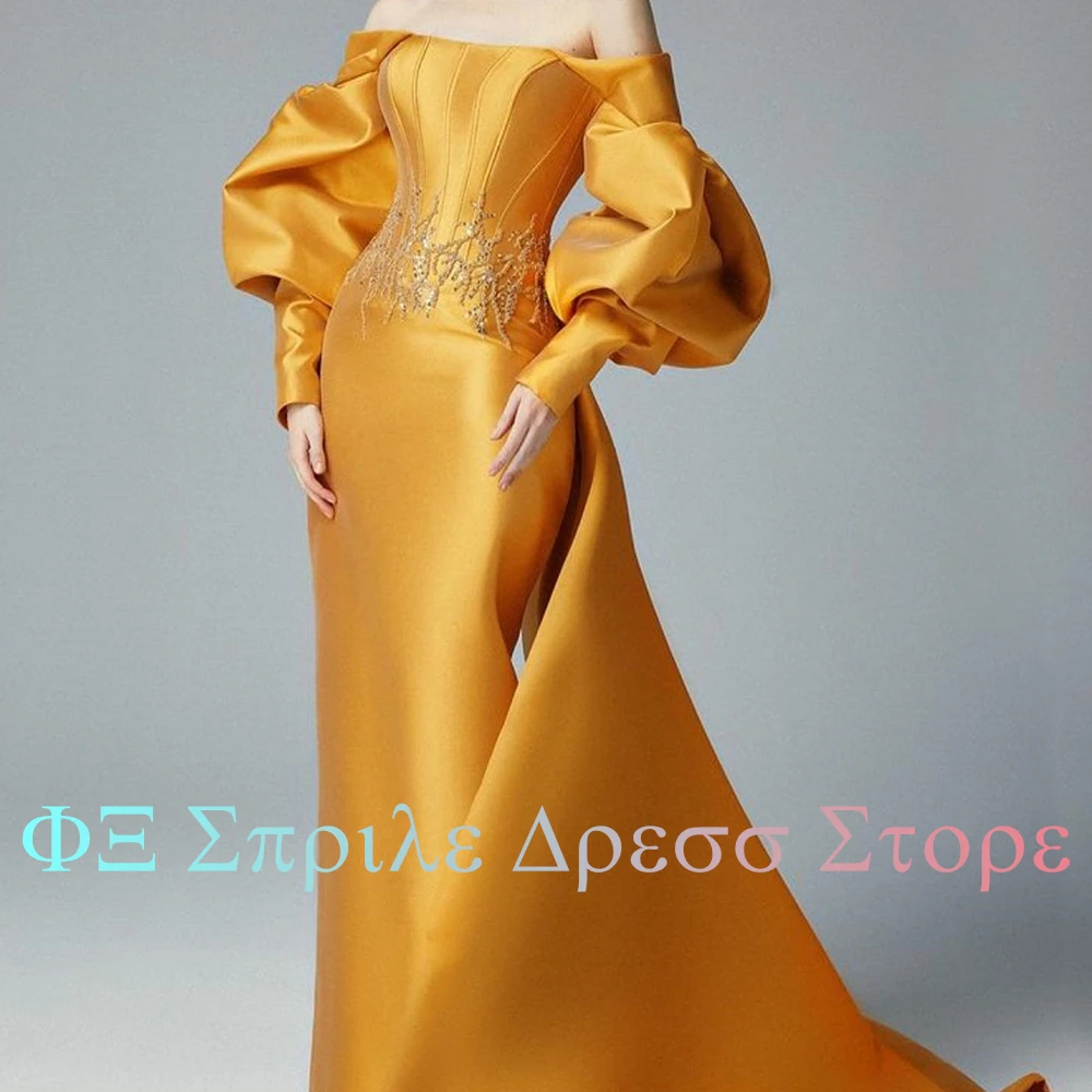 Zipper Back Sequined Panel Train Straight Puff Sleeves Back Slit Luxury Evening Dress Floor Length Strapless Satin Long Sleeves