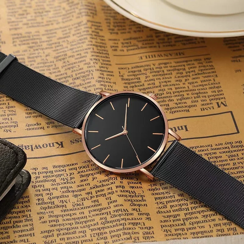 Reloj de cuarzo fino Simple para pareja romántica, resistente al agua, correa de red de tendencia, conjunto de amantes de la moda