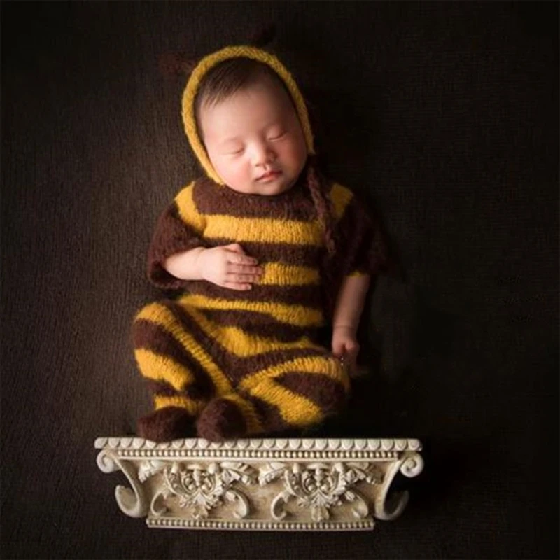 2Pcs Baby Bee Romper Hat Set Newborn Photography Props Knitted Wool Bodysuit Cap Kit Infants Photo Shooting Clothes