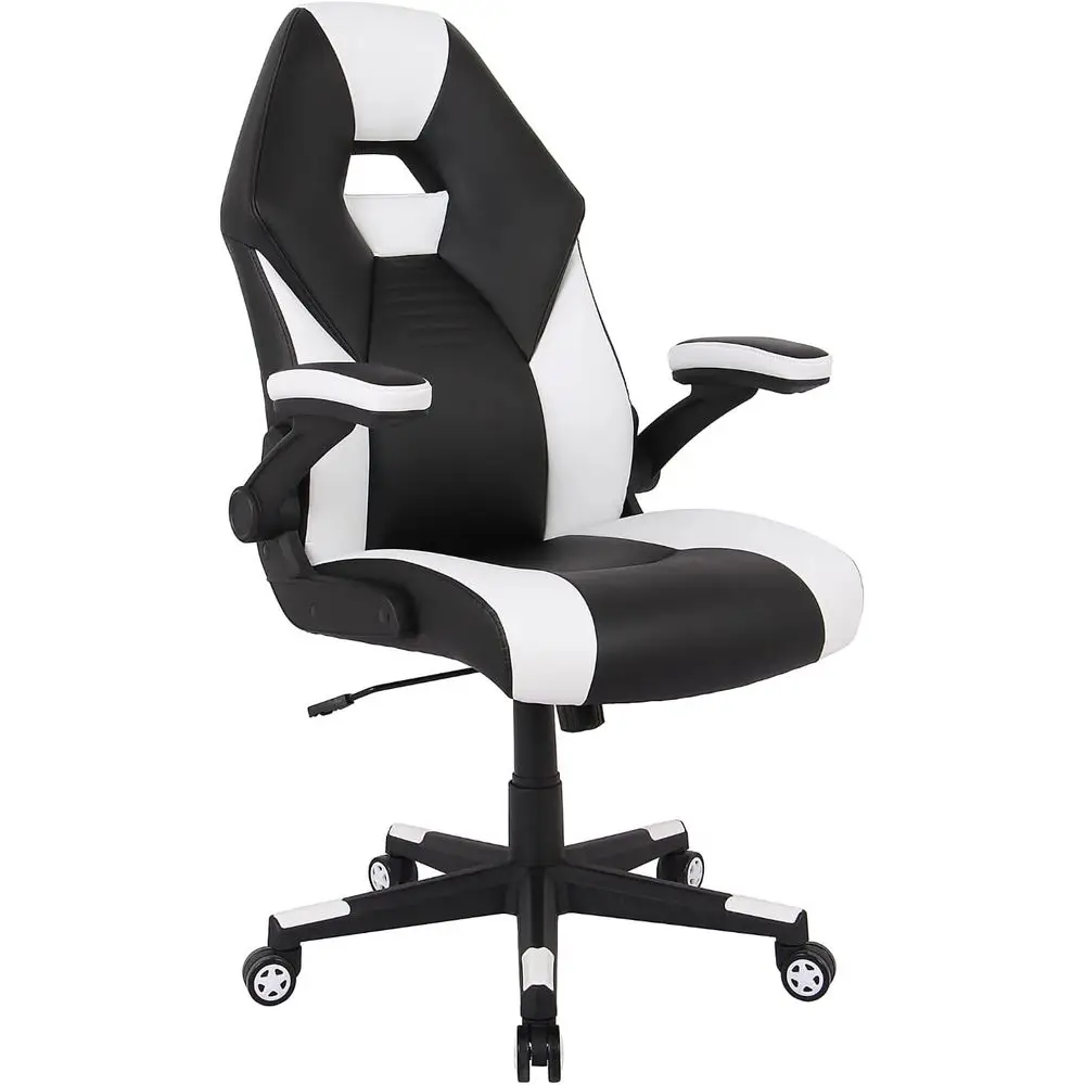 Silla de juego de respaldo alto de cuero sintético, blanca y negra