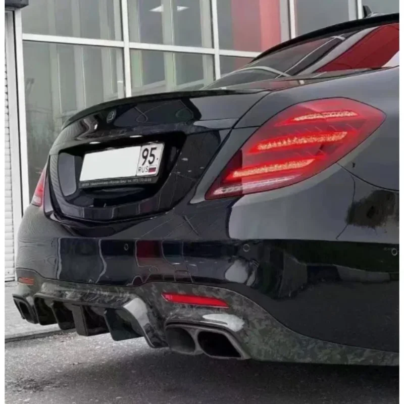 For Benz W222 S-Class S63 S65 AMG 2018-2020 Real Forging Carbon Fiber Rear Bumper Lip Diffuser Spoiler With Exhaust Tips