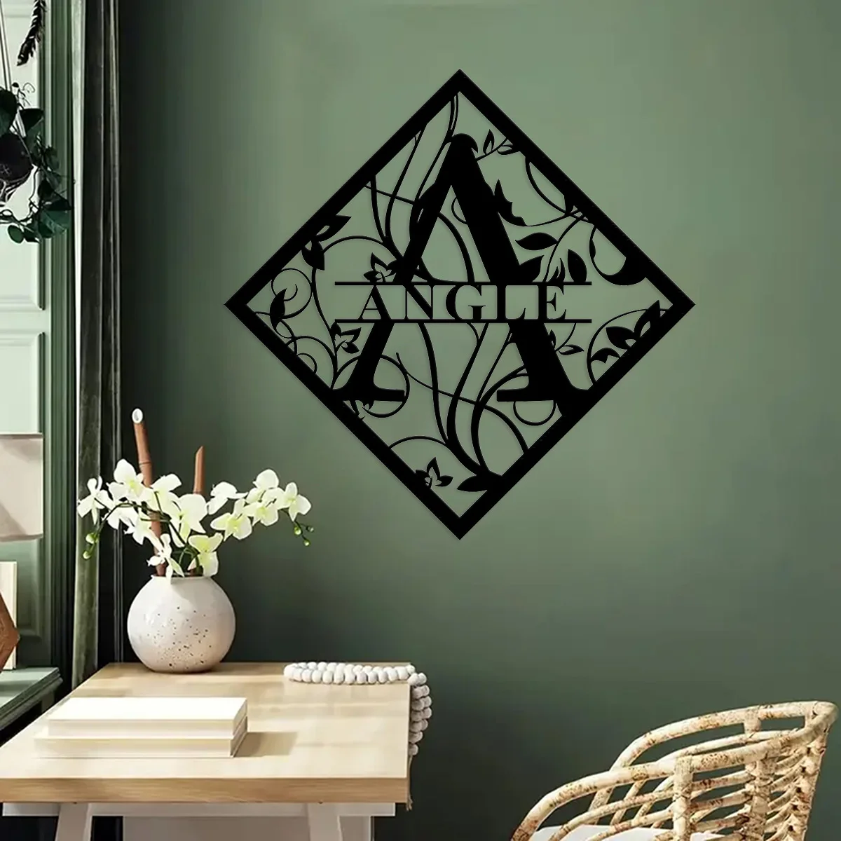 

Modern Rhombus 26 Letter Metal Wall Hanging Sign Decor,Retro Filigree Leaf Silhouette,Custom House Number Doorplate Room Decor