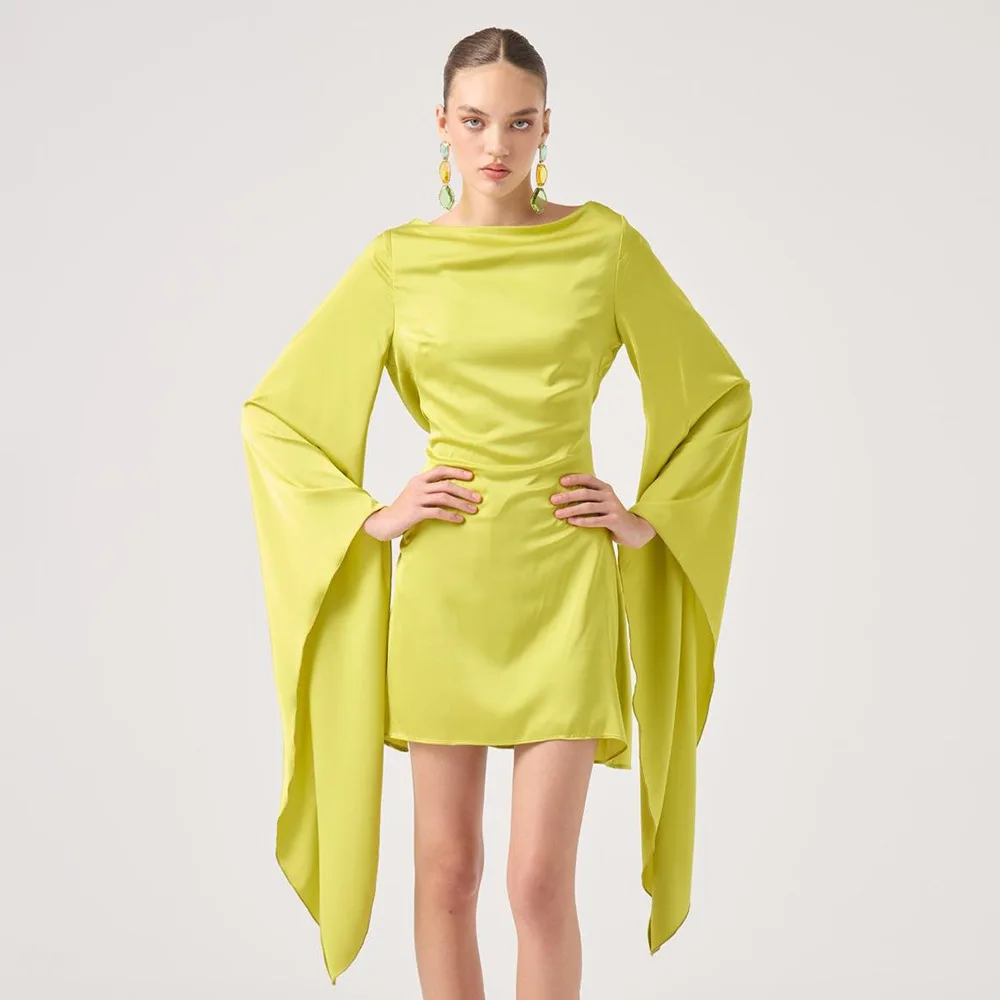 فستان قصير مناسب لخريف وشتاء 2025 من الساتان بدون ظهر للنساء بلون سادة وربطة عنق على شكل حرف U وأكمام تشبه جناح الخفّاش أنيق ومثير للحفلات #4