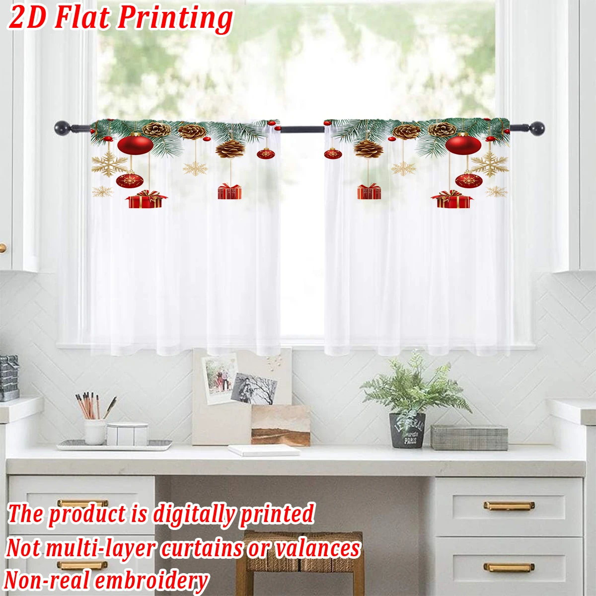 Christmas Flat Printing Kitchen Sheer Curtain with Merry Christmas Ball Box Pinecone Snowflake For Christmas Home Decor  Party