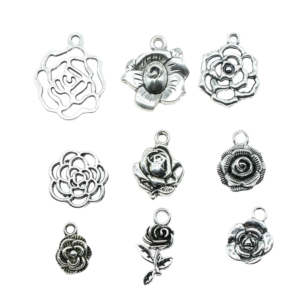 20pcs Flower Charms Antique Silver Color Rose Flower Charms Pendants For Bracelets Flower Rose Charms Making Jewelry