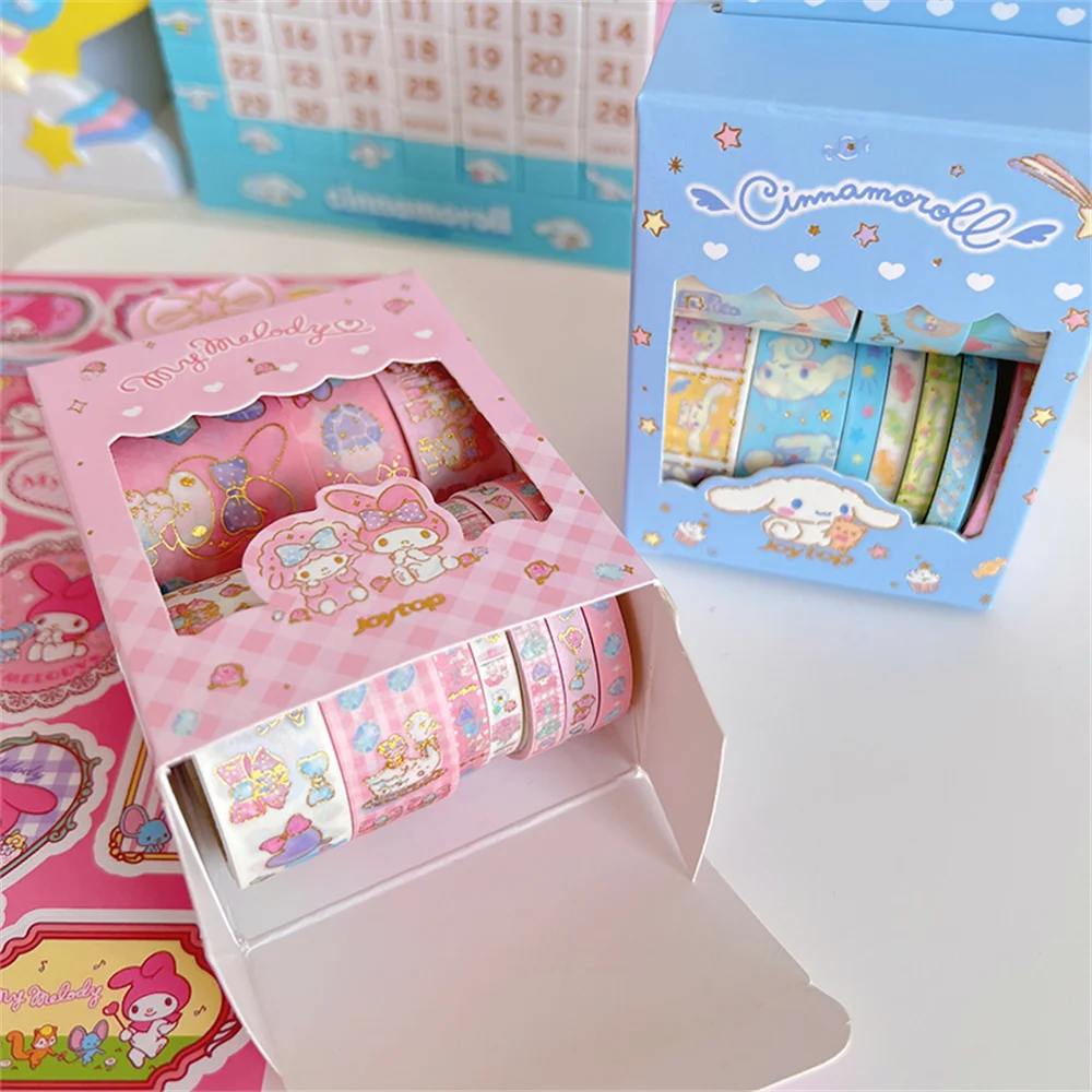 10Roll/Box Sanrio Kuromi Cinnamoroll Meloyd Tape Sticker Cute Cartoon Hello Kitty Handbook DIY Hot Stamping Stickers Kids Toys