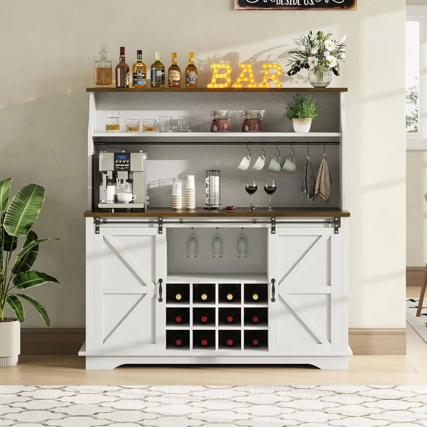 Barra de café de granja de 55" con almacenamiento de 3 niveles, gabinete para bar de vinos con 12 estantes para vino y 3 soportes para vasos, gabinete con aparador, blanco