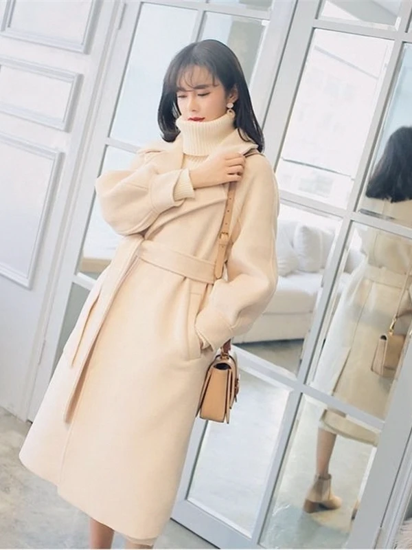 

Thiened Woolen Coat Korean Sle Small Size Women's Mid-Length Hepburn Waist-Cinching Winter Small Fraance Autumn Woolen