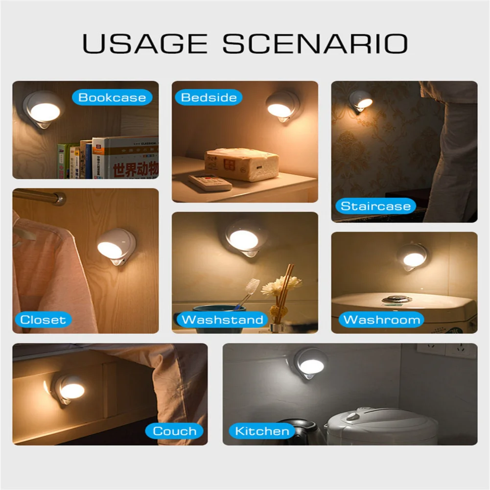 Veilleuse LED avec détecteur de mouvement, charge USB, lampe murale de chevet rotative résistante à 360, adaptée pour armoire, escalier, couloir, chambre et Cisco