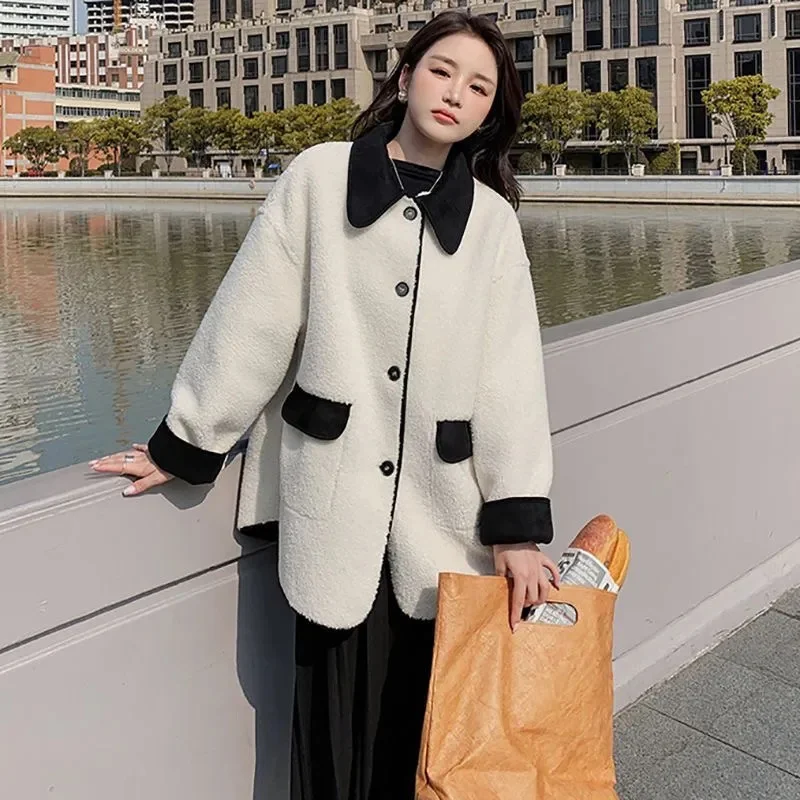 

Lady Faux Fur Jacke Vintage Preppy Little Fragrance With Two Sides Wear Lamb Wool Coat Women Autumn/Winter 2023 New Top Commutin