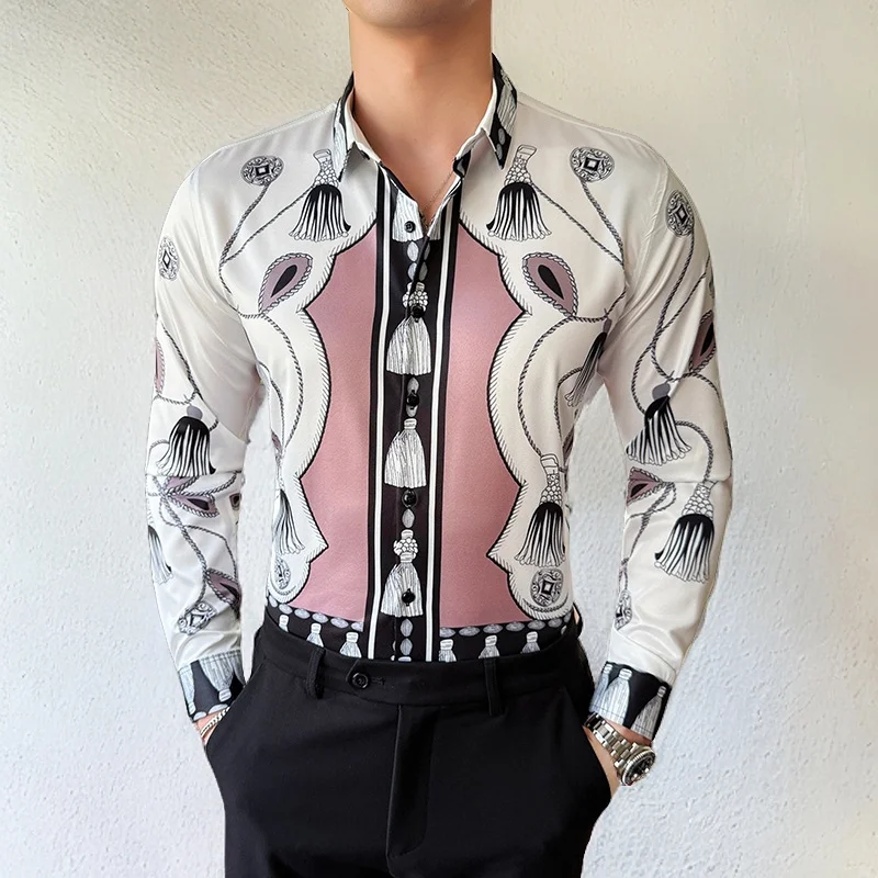 

Luxury Vintage Shirts Men Clothes Royal Printed Long Sleeve Men's Dress Shirt Prom Club Social Floral Shirt Tops Plus Size 6XL-M