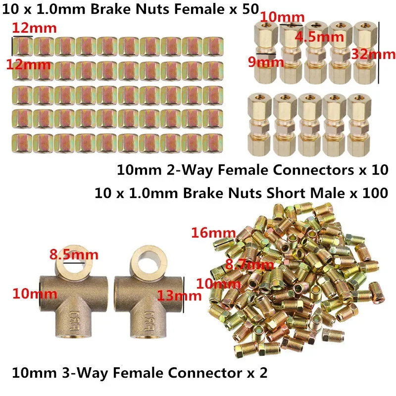 182Pcs Brake Hose Line Pipe Connectors Nuts Union Fittings Screw Male Female Kits 2 3 Way 10mm x 1mm 3/8\