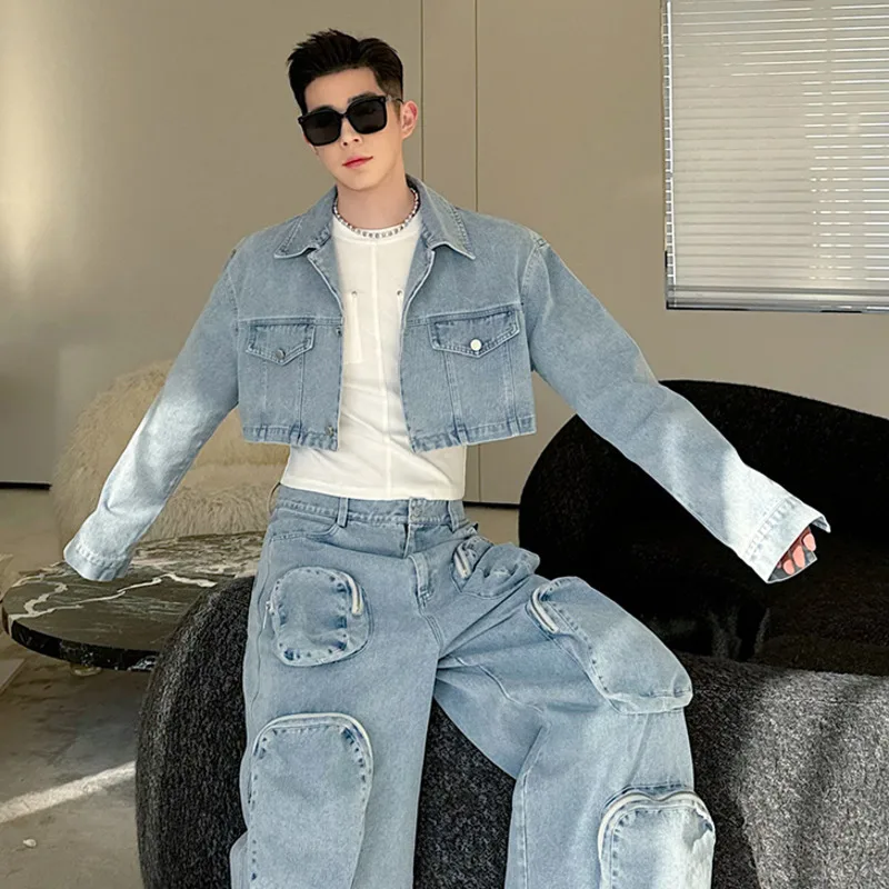 IEFB Spring new fashion men\'s denim set niche design washed short jacket three-dimensional multi pocket wide leg pants 9C5148