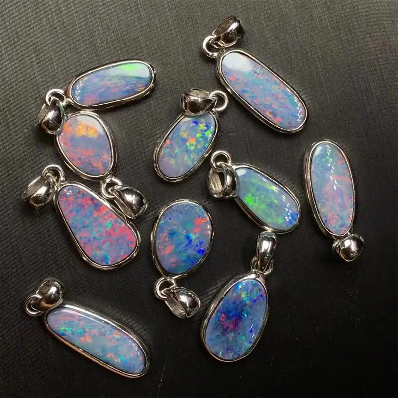 S925 Natural Australian Opal Pendant DIY Necklace Quartz Crystal Mineral Healing Reiki Gift Gemstone Crafts 17-20MM