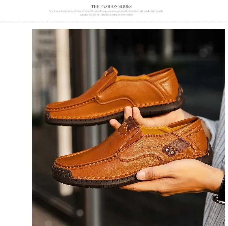 Neue modische Herren-Freizeitschuhe, handgefertigte Leder-Loafer, bequeme Herrenschuhe, hochwertige Schuhe aus Spaltleder, flache Fahrschuhe, Größe 48. – Detail 9