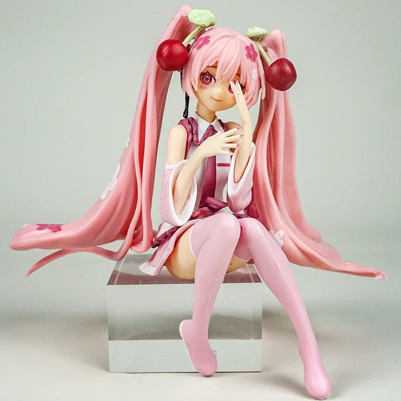 Boxed 11CM Anime Hatsune Miku Pink Sakura Sitting posture sailor costume Kawaii Figure PVC Model Toys Doll Car Ornaments Gifts