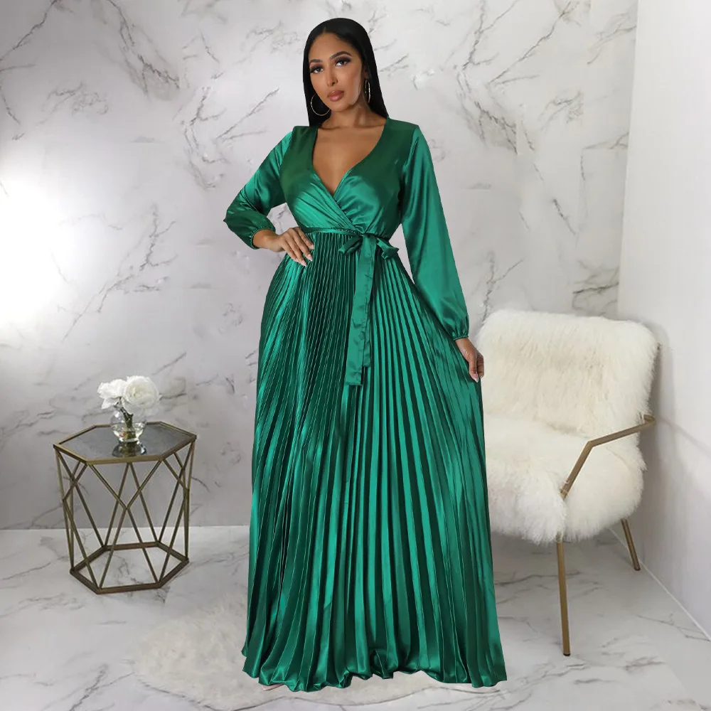 Casual Elegant Long Dress For Lady Female Evening Party Vestidos Girls Long Sleeve Robe Women Pleated Maxi Formal Dresses