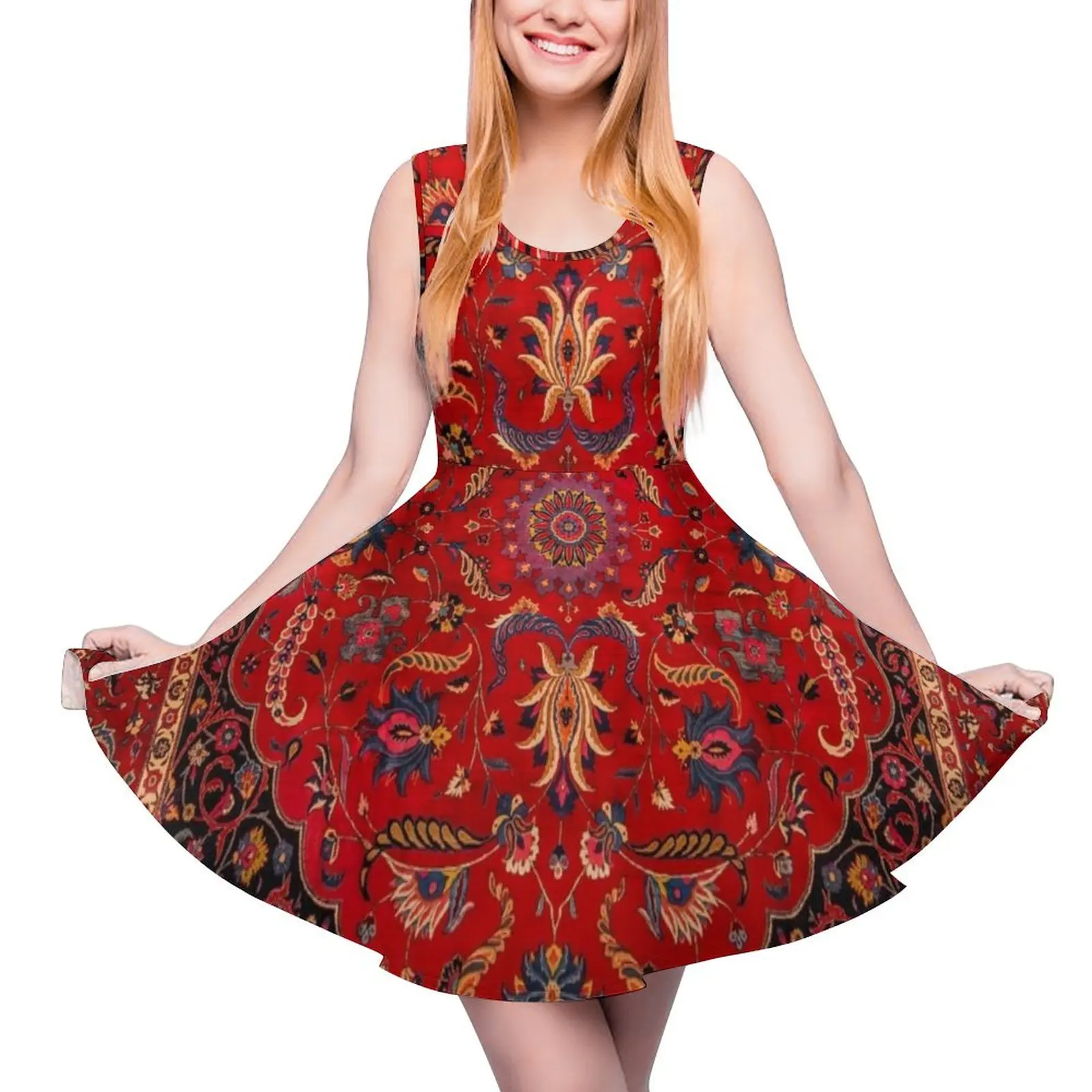 Red Persian Rug Sleeveless Dress summer dress daily women