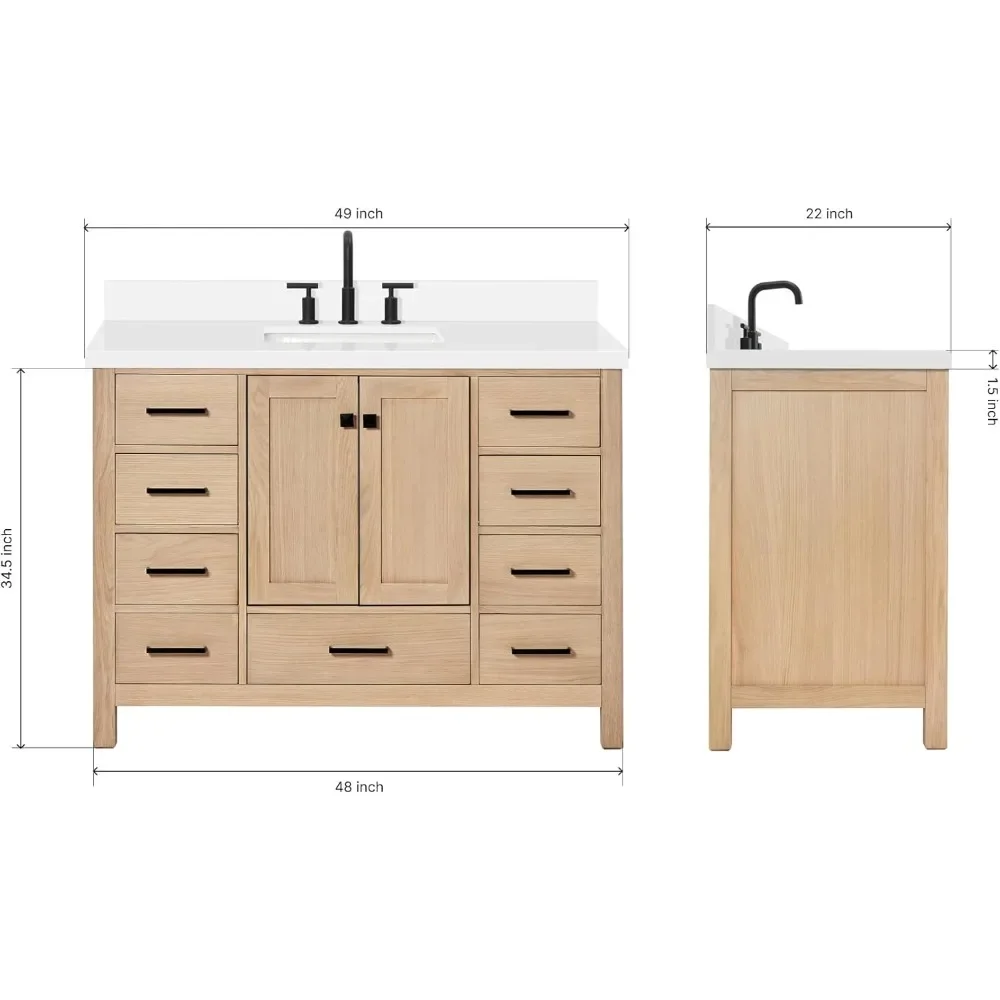 49'' Bathroom Vanity with Sink, White Oak Solid Wood, 1.5-inch Edge Pure White Quartz Countertop & Backsplash, 2 Closing Doors