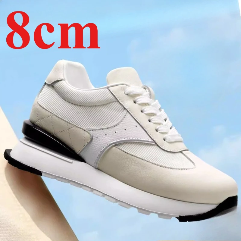 European/American 8cm Fashion Hidden Heel Shoes for Women's Genuine Leather Casual Comfortable Lightweight White Elevator Shoes