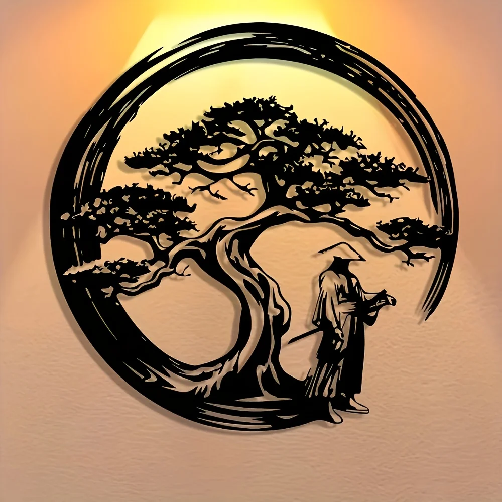 CIFBUY Metal Wall Art Zen Warrior Bonsai Tree Iron Wall Decor Black Silhouette Meditation Living Room Home Decoration
