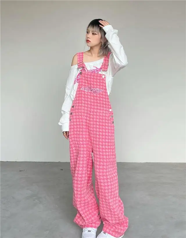 Braces Trousers High Quality Plaid Pink Blue High Street Women Korean Loose Summer Wide Leg Pants Braces Trousers 2024 Vintage