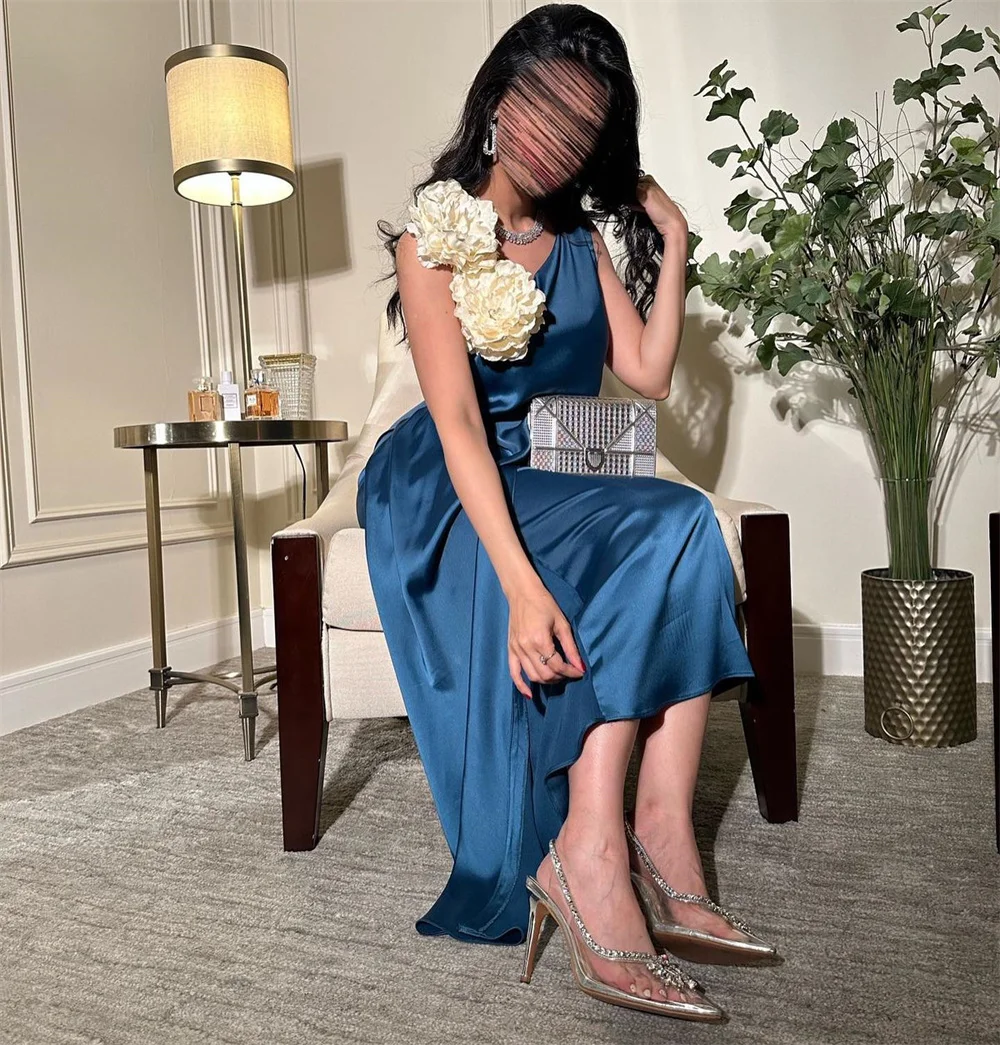 Customized Saudi Arabia Formal Gown Dearin Shoulder Girdle A-line Ankle Length Skirts Draped Applique 3D Flower Sleeveless Bespo image 3