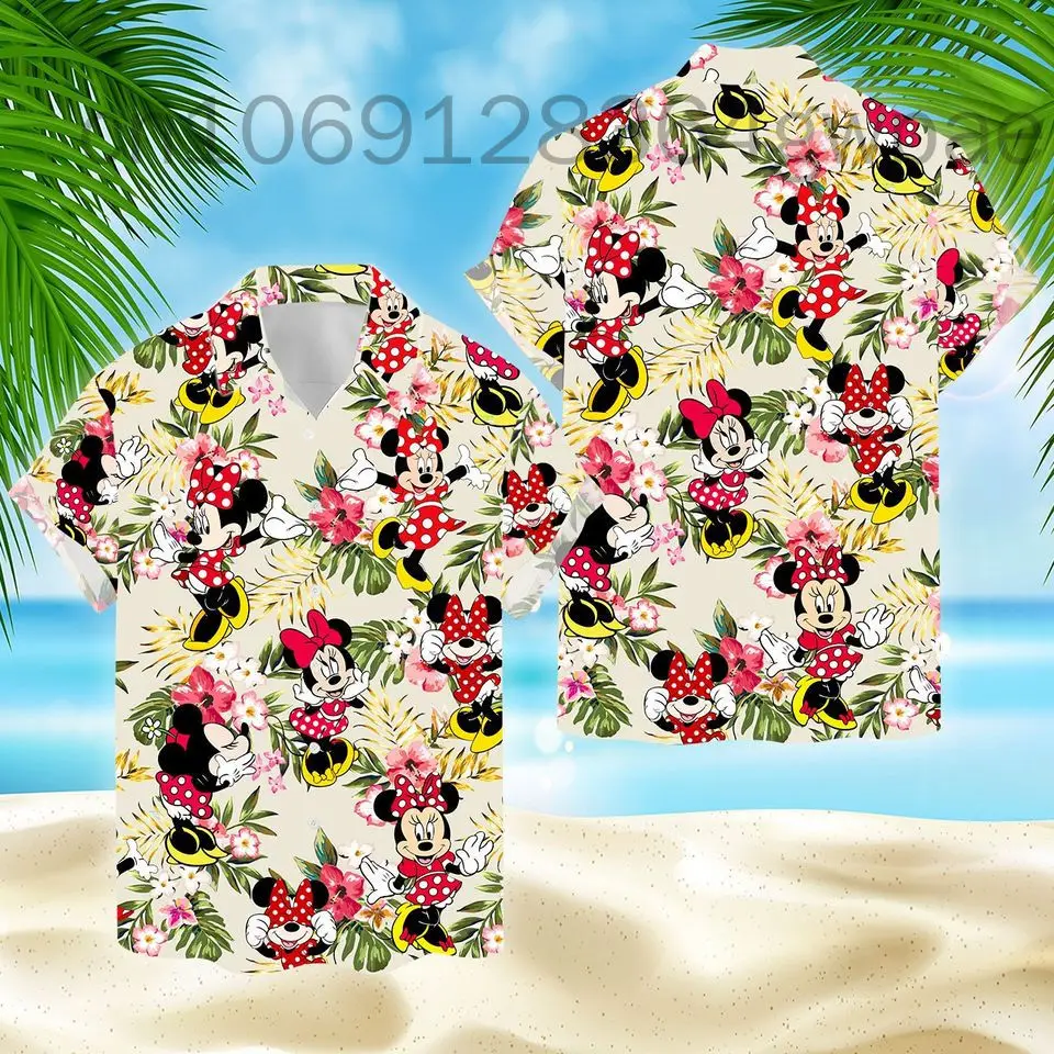 Disney-Minnie masculina e feminina camisa de praia manga curta, camisa havaiana de botão, streetwear festa casual, moda