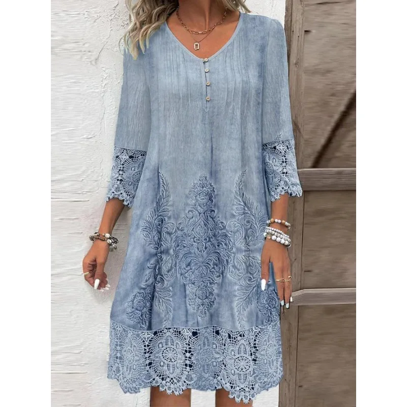Women\'s Dress Lace Spliced 7-point Sleeve V-neck Elegant Spring and Summer New Simple Midi Skirt for Female
