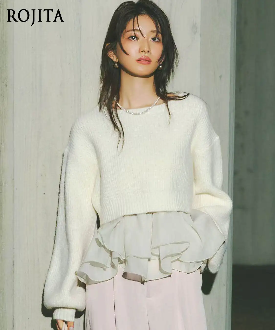 Japanese-style Gentle and Sweet Round-neck Lantern Sleeve Long-sleeved Short Knit Top with Ruffled Camisole Set