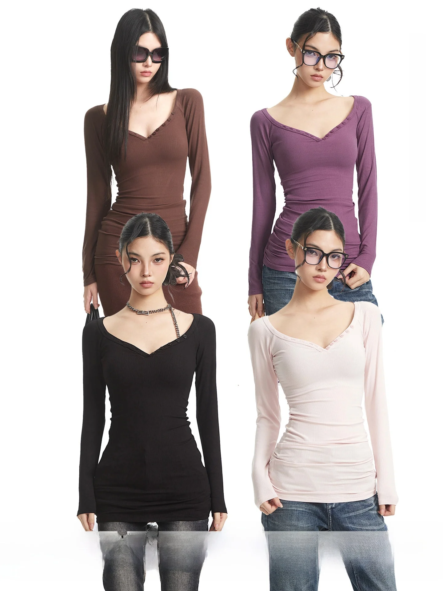 

Slim Fit Long Sve T-irt Women's Deep V-ne Button up Top Casual Comfortable Breathable Bla T-irt for Autumn Winter