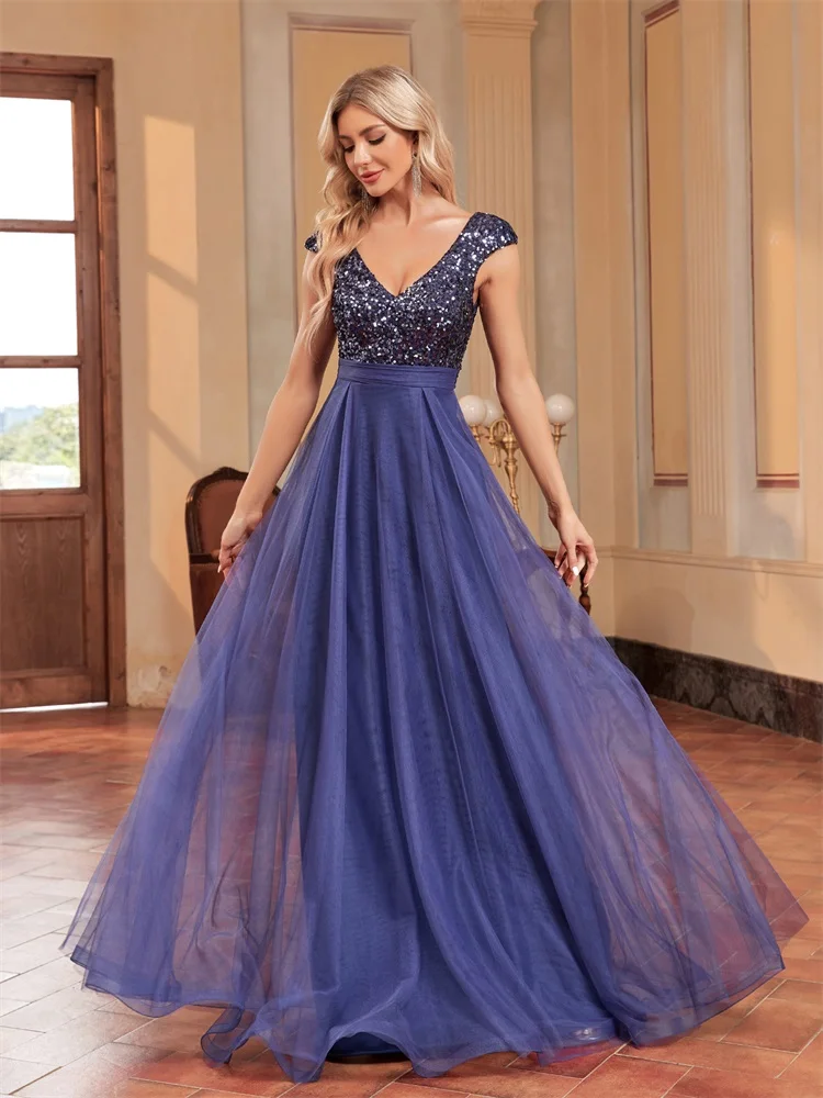 Lucyinlove-vestido de Noche Azul de gasa con cuello en V para mujer, fiesta de graduación Formal de traje elegante, lentejuelas sin mangas, 2023, 2023