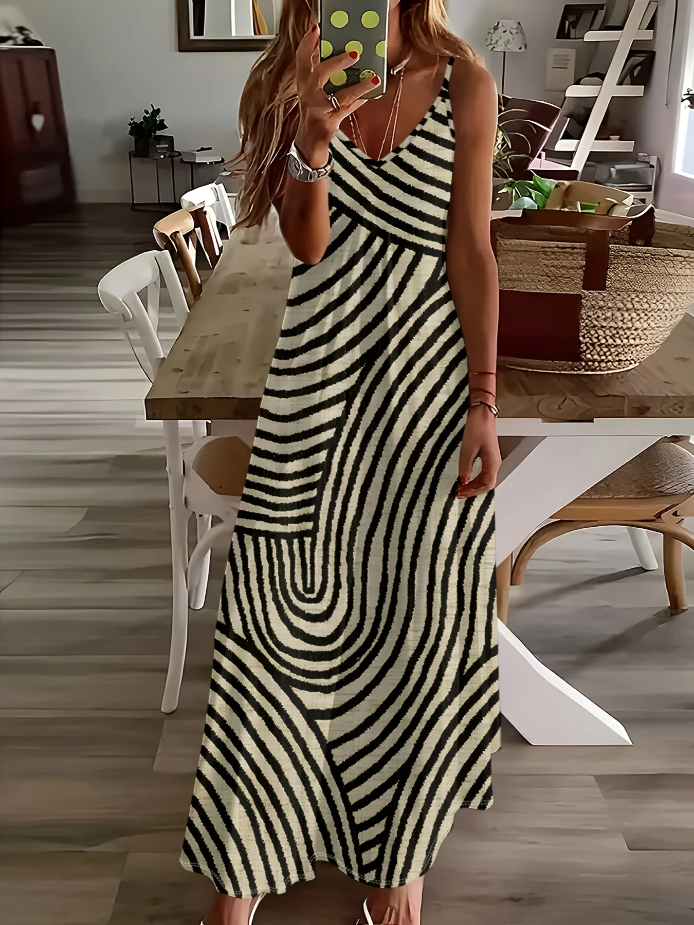 Schwarz-Weiß Gestreiftes Langarm-Midikleid Lässige Sommer-Damenkleidung Trendige Mode A-Linie Bodycon Slim Fit Urlaubskleidung