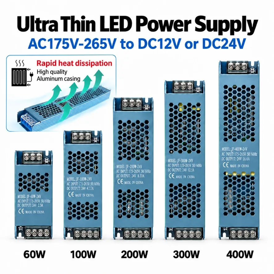 Ultra Thin LED Power Supply AC175-265V To DC12V/24V 60W 100W 200W 300W 400W Lighting Transformer LED Driver for LED Strip Light