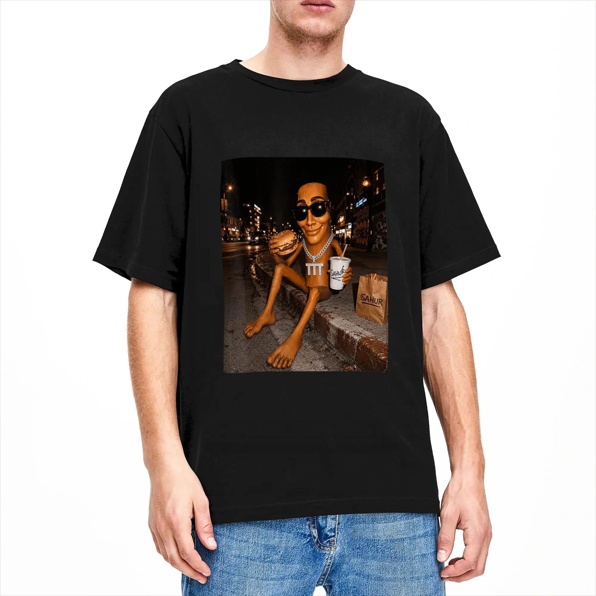 Men Street Food Night Vibes Funny Tung Sahur Soda Burger Fries T Shirts Cotton Clothing Novelty Short Sleeve O Neck Tee Shirt