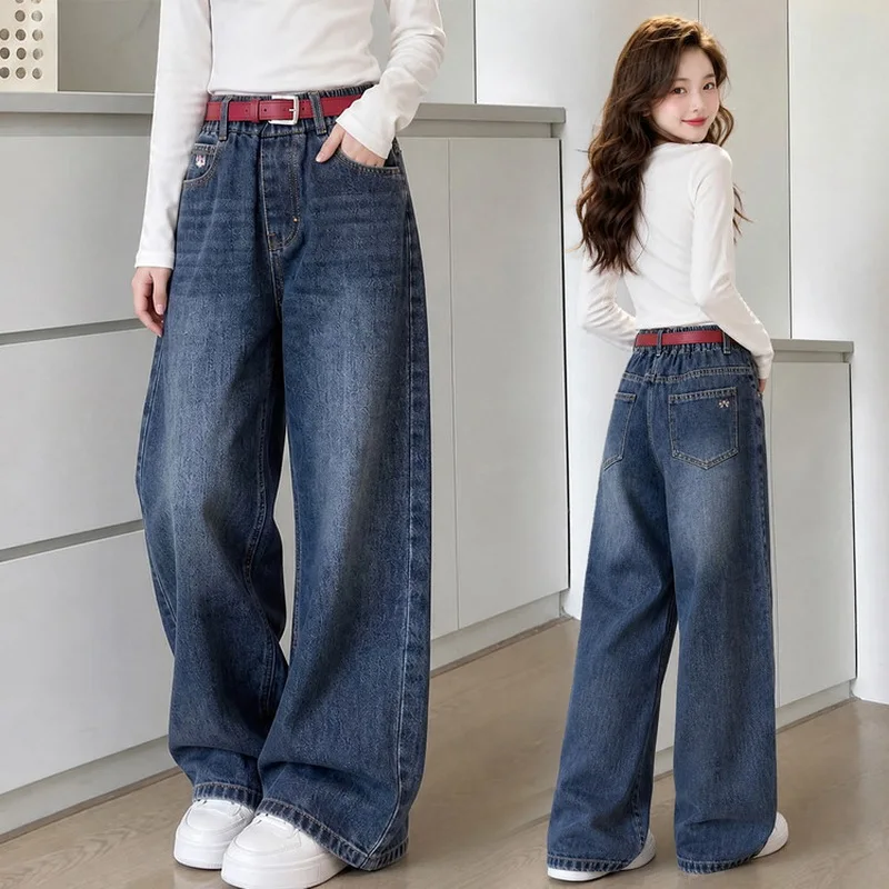 New Autumn Children Loose Straight Leg Jeans for Teenage Girls High Fashion Street Denim Pants Kids Casual Jeans Trousers