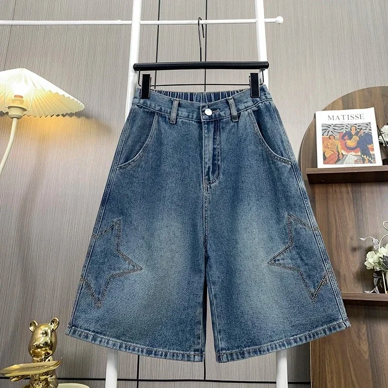 

2025 New Vintage Star Summer Denim Short Jeans for Women High Waisted Wide Leg Casual M-3XL Shorts Y2k Fashion Streetwear Jeans