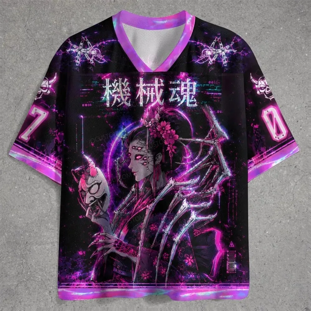 Cyberpunk Street V-neck Mesh Football Shirt with Japanese Geisha Print Short Sleeves Suitable for Cosplay Music Festival Parties